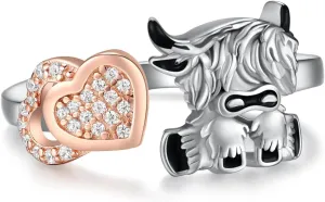 Cute Axolotl/Guinea Pig/Highland Cow Ring 925 Sterling Silver Adjustable Open Ring Cute Animal Jewelry for Women Animal Gifts