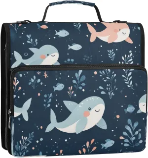 Cute Shark Seaweed Navy Zipper Binder Bag with Shoulder Strap and Handle 3 Ring D Ring Expanding File Folder with Multiple Pockets 400 Page Capacity for School