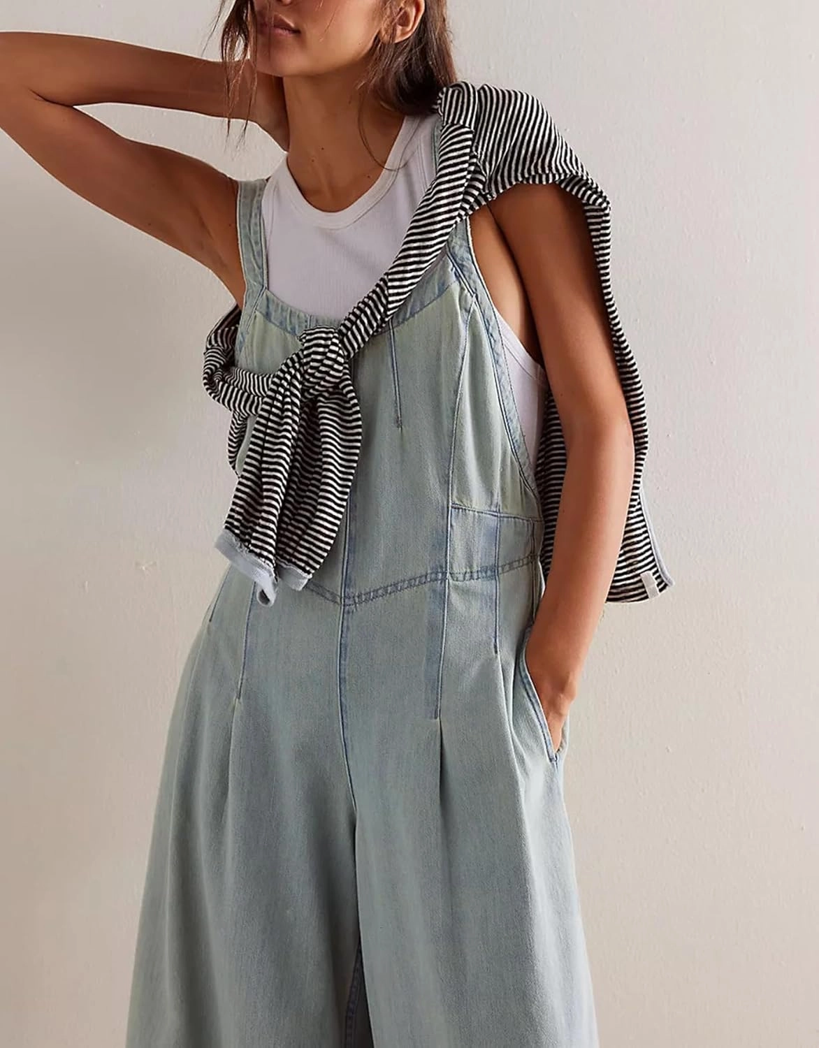 D-Sun Women Denim Overalls Wide Leg Bib Pants Adjustable Strap Sleeveless Jean Jumpsuit Backless Elastic Waist Rompers