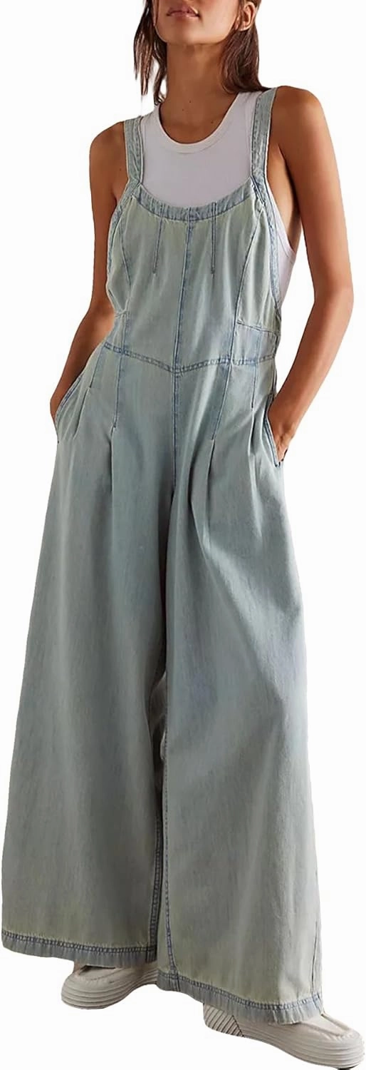 D-Sun Women Denim Overalls Wide Leg Bib Pants Adjustable Strap Sleeveless Jean Jumpsuit Backless Elastic Waist Rompers