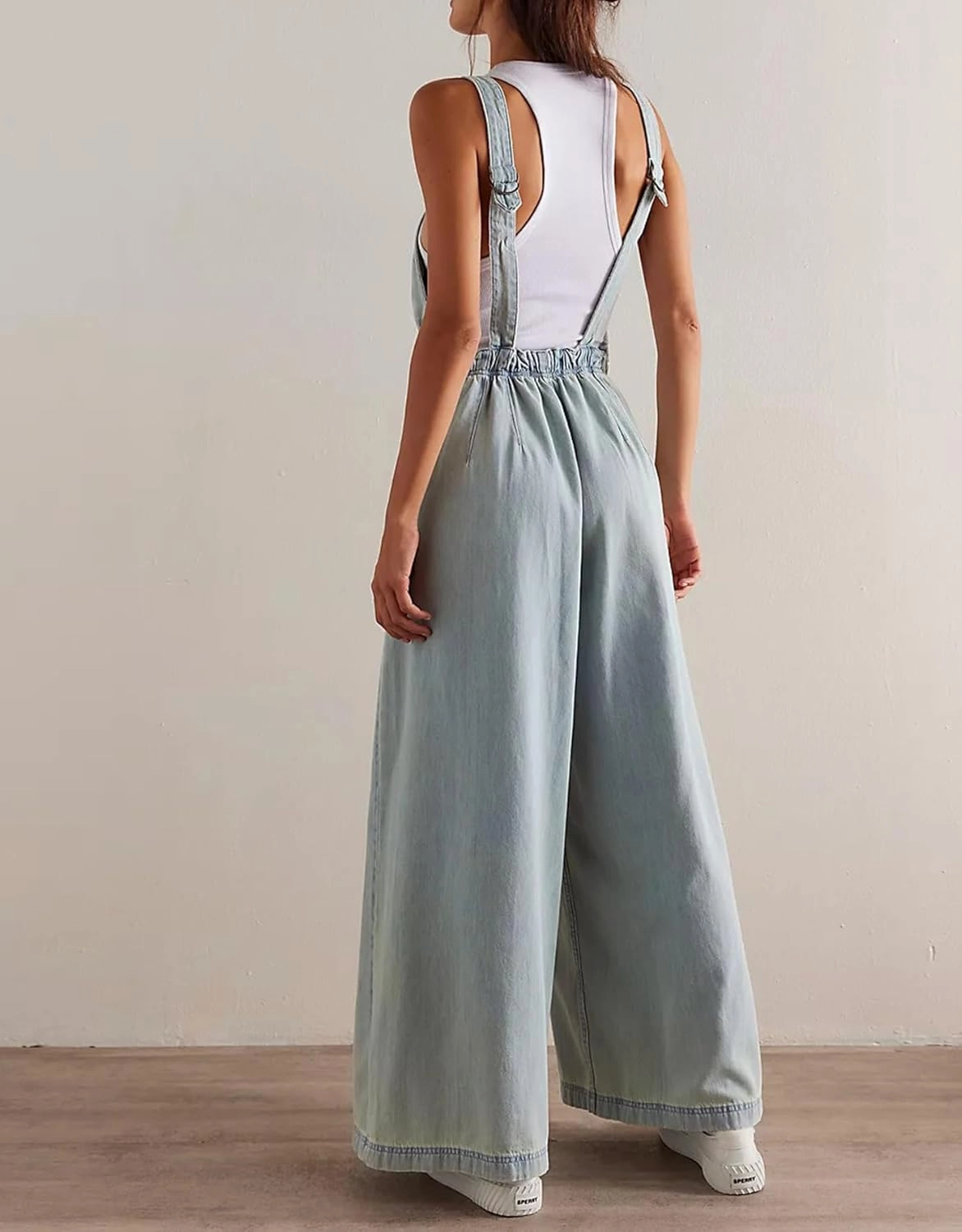 D-Sun Women Denim Overalls Wide Leg Bib Pants Adjustable Strap Sleeveless Jean Jumpsuit Backless Elastic Waist Rompers
