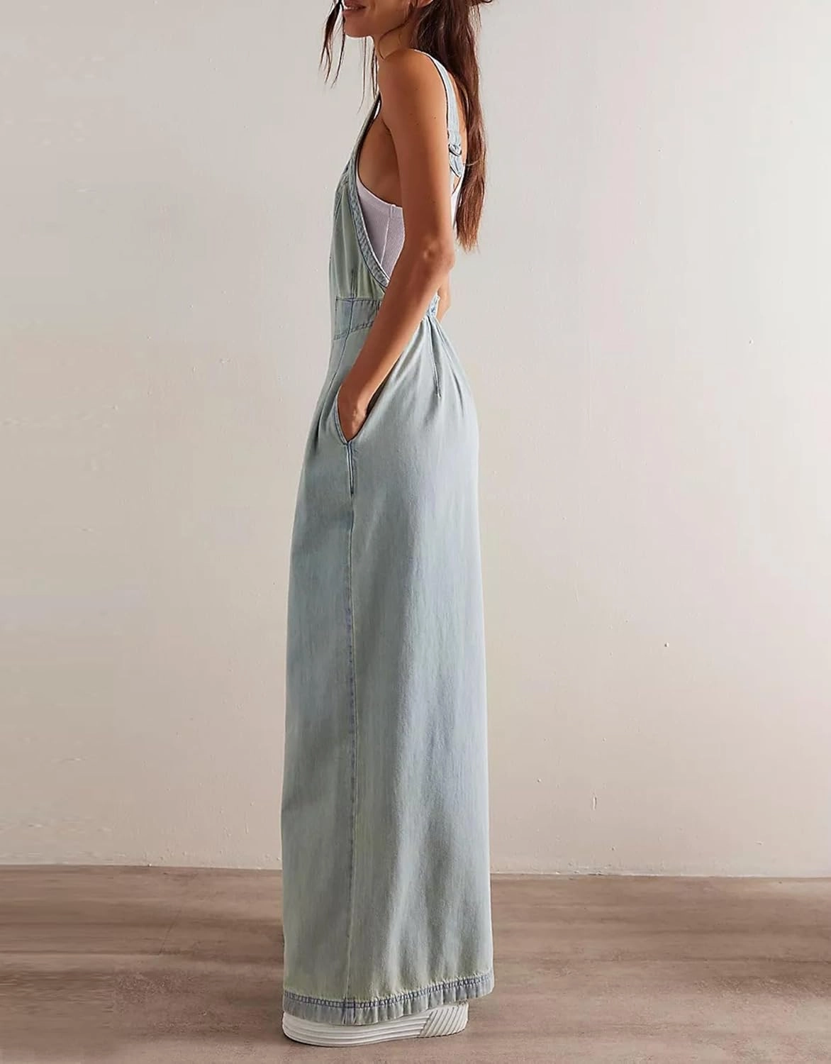 D-Sun Women Denim Overalls Wide Leg Bib Pants Adjustable Strap Sleeveless Jean Jumpsuit Backless Elastic Waist Rompers
