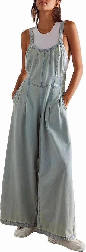 D-Sun Women Denim Overalls Wide Leg Bib Pants Adjustable Strap Sleeveless Jean Jumpsuit Backless Elastic Waist Rompers