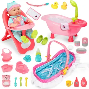 deAO Baby Doll Set, 25 PCS Baby Doll Accessories with High Chair, Bath, Crib, Feeding Accessories 14" Pretend Play Baby Dolls Toys Gift for Girls