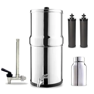 Denali Spring-2.25G (8 Liters)- Stainless Steel Gravity-Fed Water Filtration System with 2 Black Filters, SS Tap, POSTreat Filters and Vision Tap