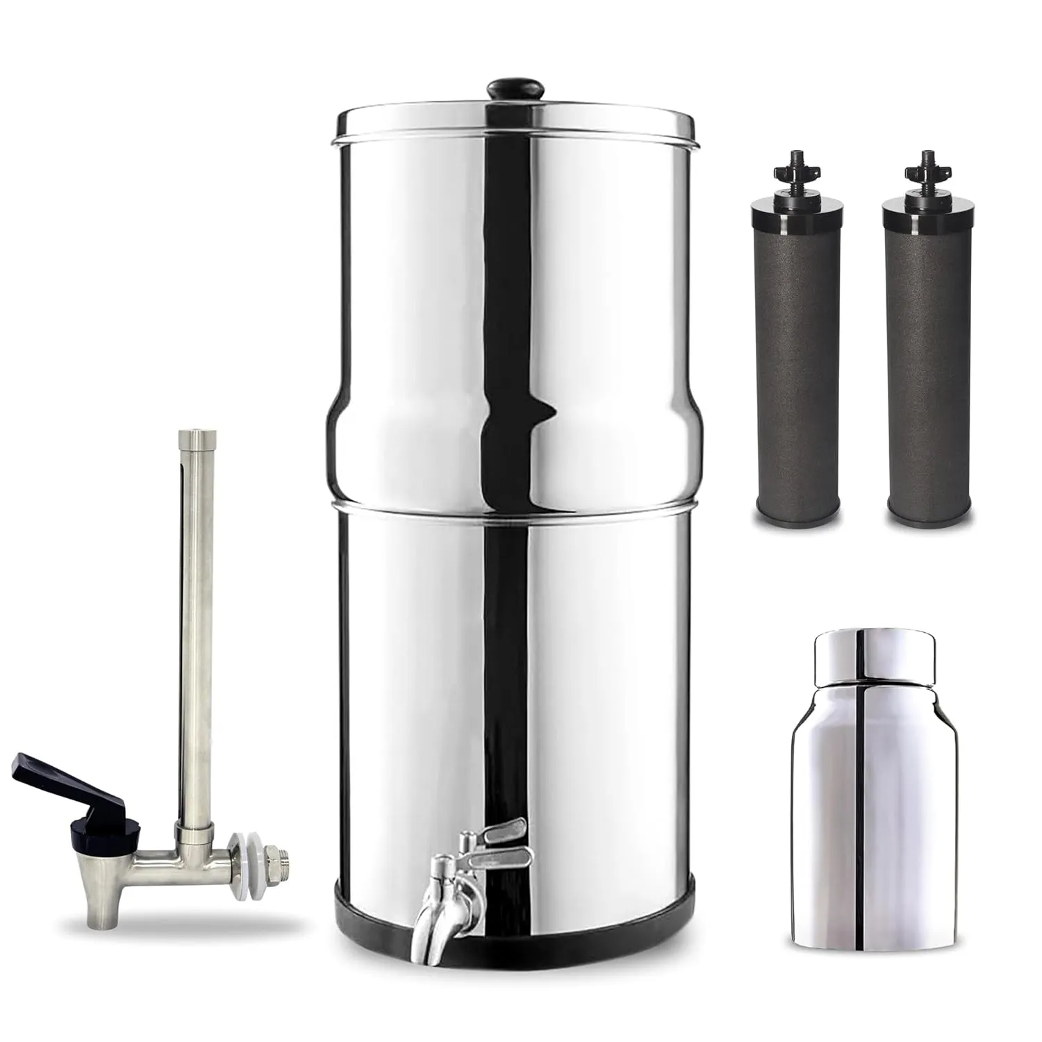 Denali Spring-2.25G (8 Liters)- Stainless Steel Gravity-Fed Water Filtration System with 2 Black Filters, SS Tap, POSTreat Filters and Vision Tap