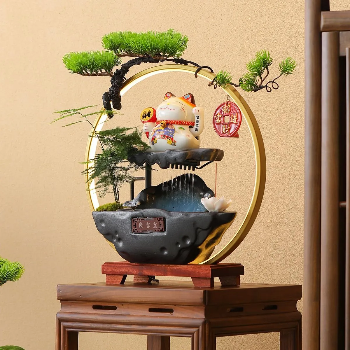Desk Waterfall Fountain Indoor with Chinese Ceramic Lucky Cat Waving Arm Figurine,Tabletop Mini Water Fountain Decoration with Mist，Adjustable LED Light Ring and Backflow Incense Burner Holder