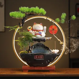 Desk Waterfall Fountain Indoor with Chinese Ceramic Lucky Cat Waving Arm Figurine,Tabletop Mini Water Fountain Decoration with Mist，Adjustable LED Light Ring and Backflow Incense Burner Holder