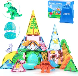 Dinosaur Toy Magnetic Tiles with 6 Dinosaurs and 2 People,Dinosaur Toys for Kids 3 ,Toddler Outdoor Magnetic Tiles,Dinosaur World Set with 55 PCS,Sensory Toddler Toys Creative Kids Games Gifts