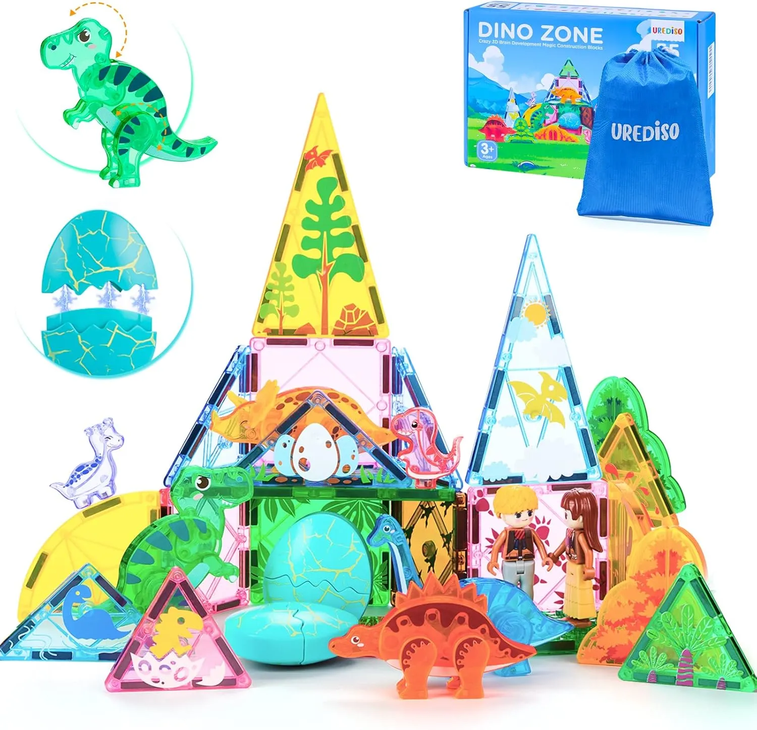 Dinosaur Toy Magnetic Tiles with 6 Dinosaurs and 2 People,Dinosaur Toys for Kids 3 ,Toddler Outdoor Magnetic Tiles,Dinosaur World Set with 55 PCS,Sensory Toddler Toys Creative Kids Games Gifts