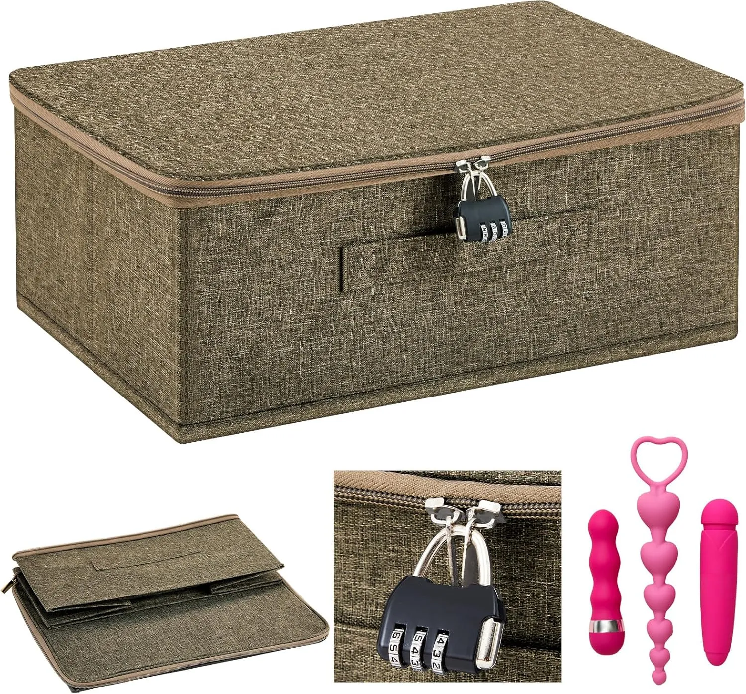 Discreet Lockable Adult Toy Bag Storage Organizer Toy Bag Storage Bins Case with Zipper Lid 15 x 10 x 6.3 Inches for Women and Men Clothes Container(Coffee)