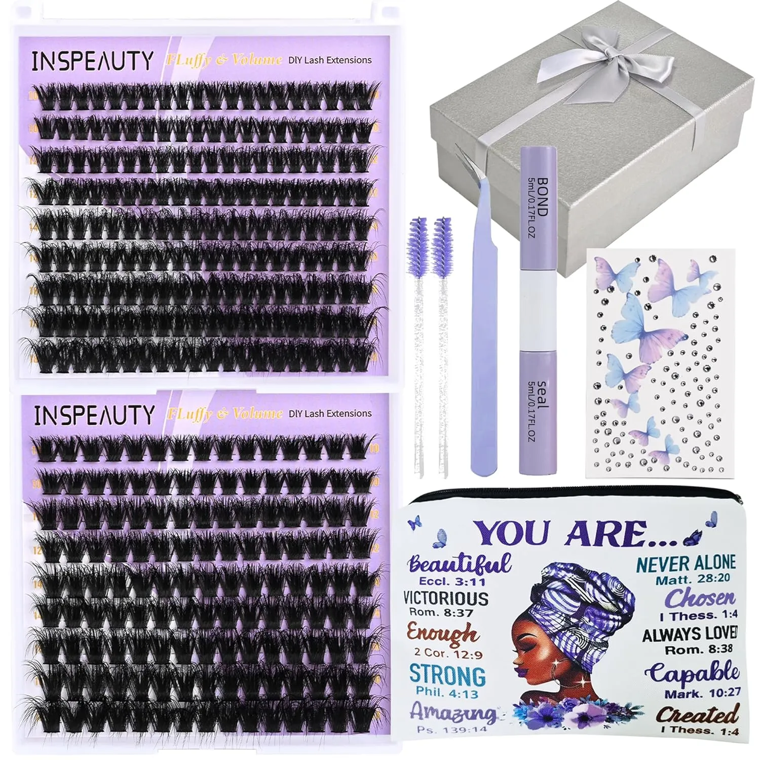 DIY Eyelash Extension Kit, Birthday Gifts for Women, Including 315pcs of Eyelashes, Eyelash Glue and Sealant, Eyelash Tweezers, Eyelash Brush, Cosmetic Bag, Diamond Stickers,by INSPEAUTY