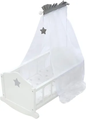 Doll Cradle Set: Stella - Star, Gray & White - Includes Hanging Mobile, Pillow, Blanket & Canopy, Children's Pretend Play, Ages 3 