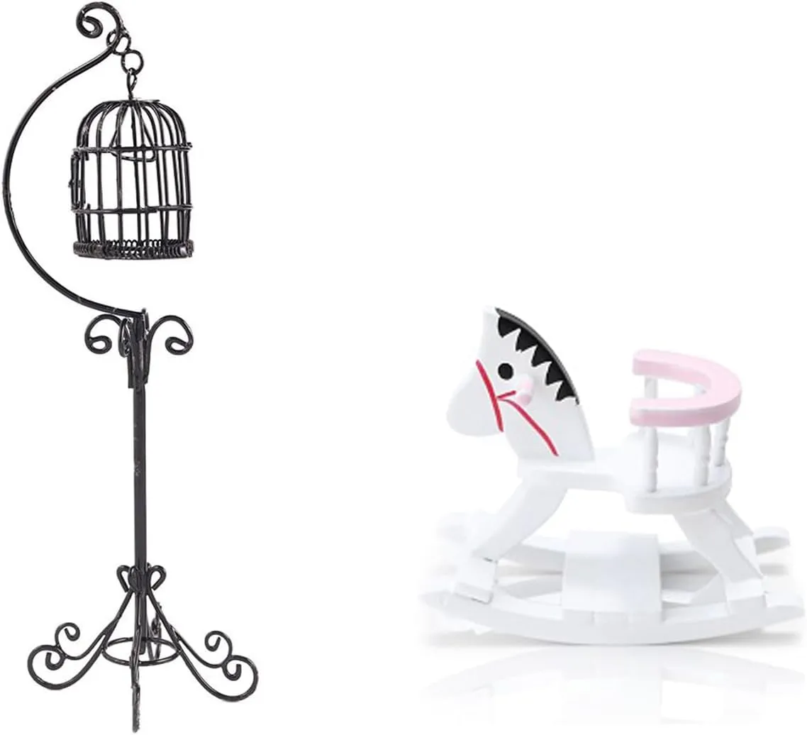 Dollhouse Birdcage & Miniature Rocking Horse Chair 1:12 Scale Wooden Accessories Cute Cockhorse Dollhouse Furniture Decoration Model Baby Room