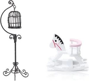 Dollhouse Birdcage & Miniature Rocking Horse Chair 1:12 Scale Wooden Accessories Cute Cockhorse Dollhouse Furniture Decoration Model Baby Room