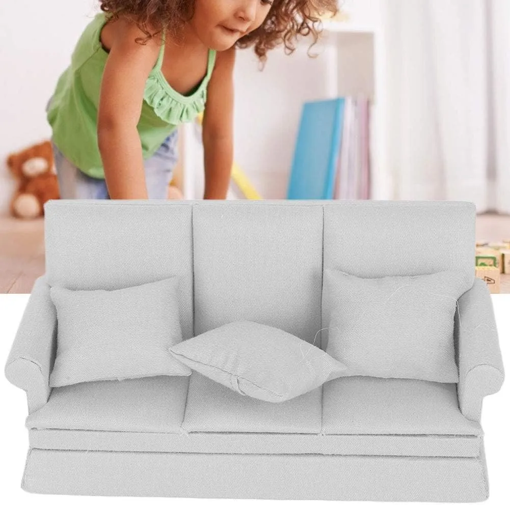 Dollhouse Furniture Set, Dollhouse Miniature Sofa Kit with 3 Pillow Miniature Toys Couch Chairs for 1:12 Dollhouse Accessory(Gray)