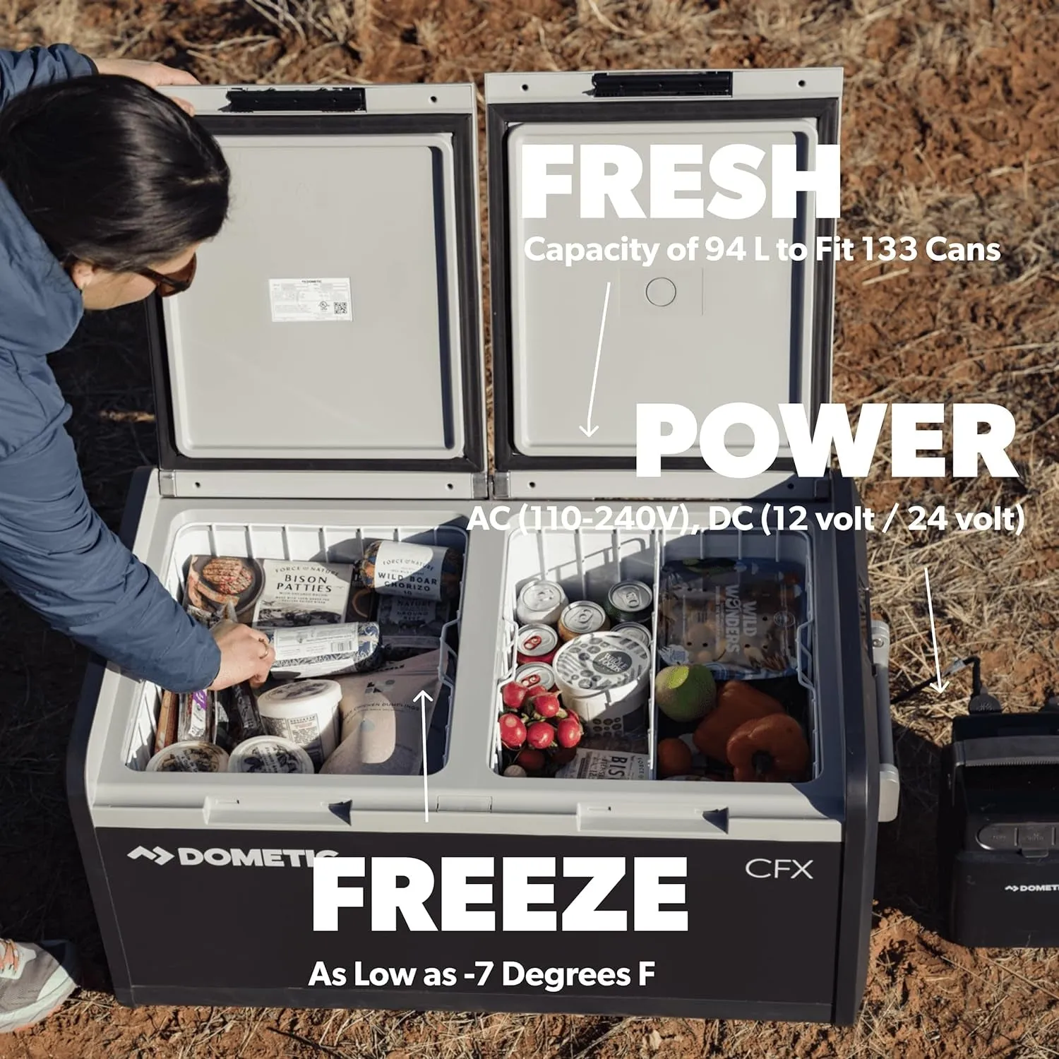 DOMETIC CFX3 95DZ, 95 Liter Dual Zone Portable Refrigerator and Freezer, Powered by AC/DC or Solar