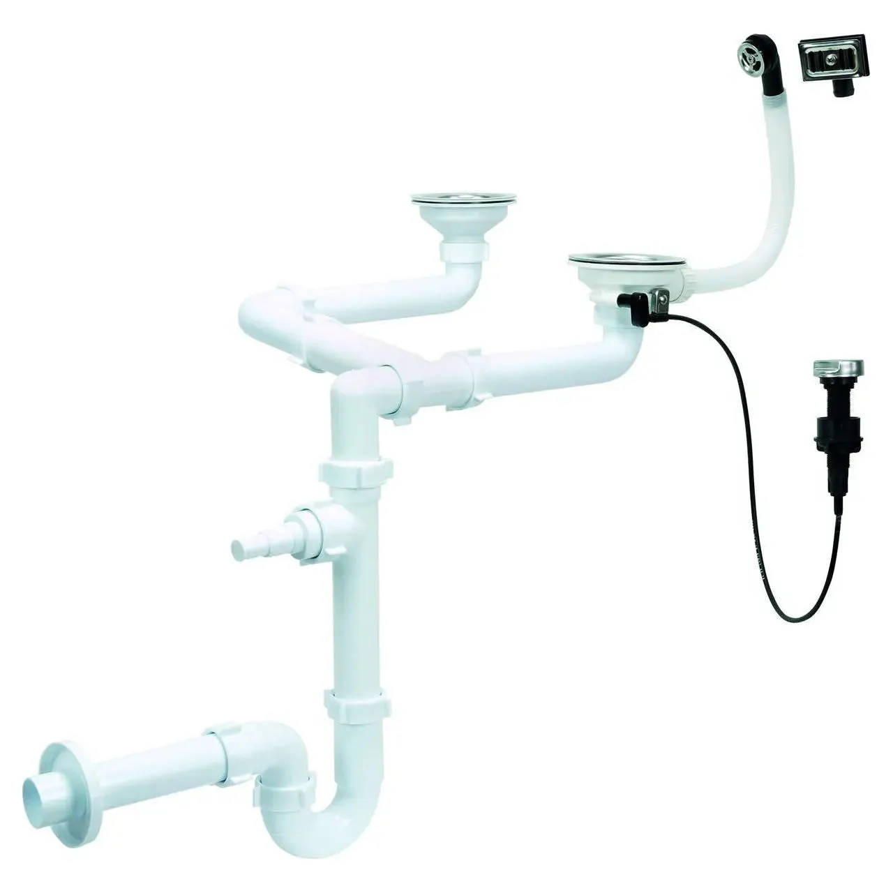 Double Bowl Kitchen Sink Drain P-Trap Button Controlled Strainer