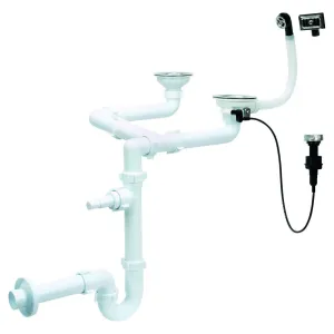 Double Bowl Kitchen Sink Drain P-Trap Button Controlled Strainer
