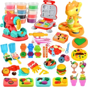 Dough Play Set 60pcs Kitchen Creation Color Dough 3 in 1 Hamburger Noodle Ice Cream Making Machine Play Food Toys with Modeling Clays(12 Colors) and Tools for Kids