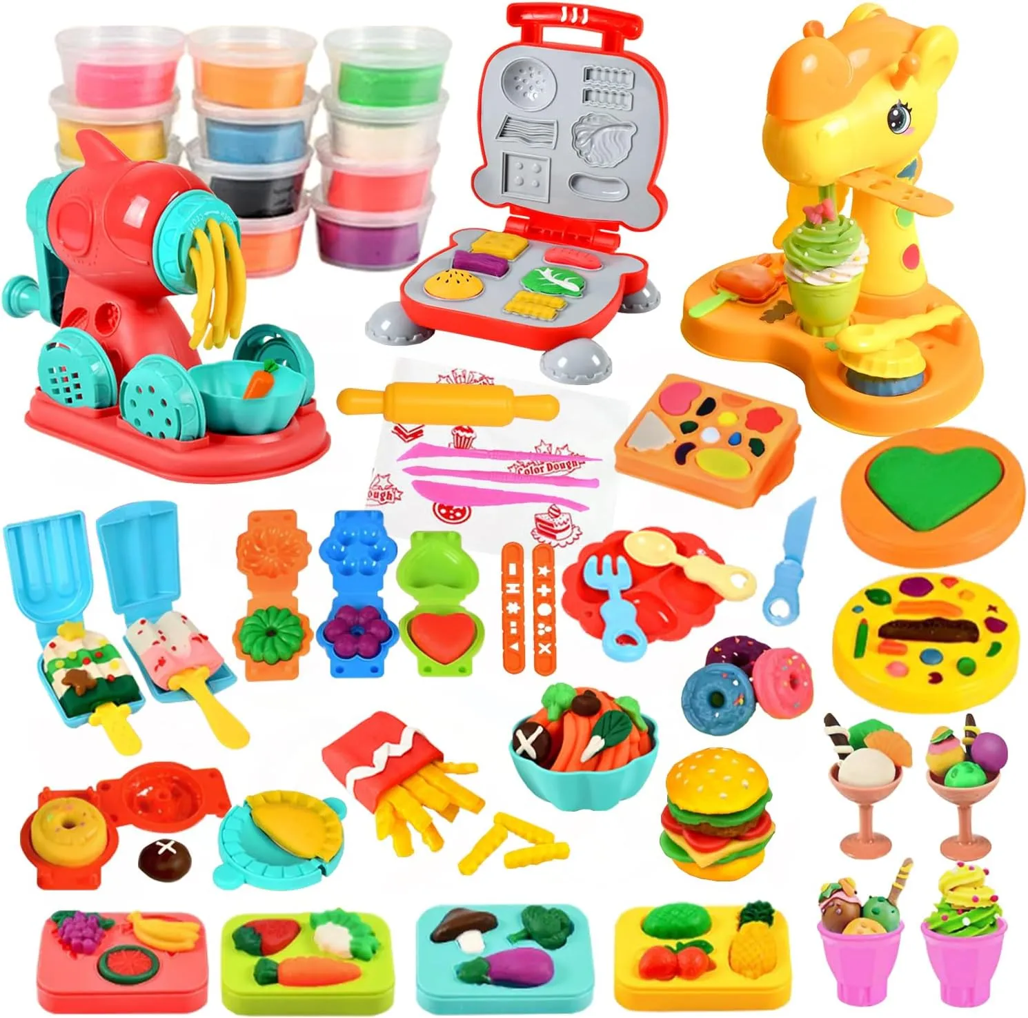 Dough Play Set 60pcs Kitchen Creation Color Dough 3 in 1 Hamburger Noodle Ice Cream Making Machine Play Food Toys with Modeling Clays(12 Colors) and Tools for Kids