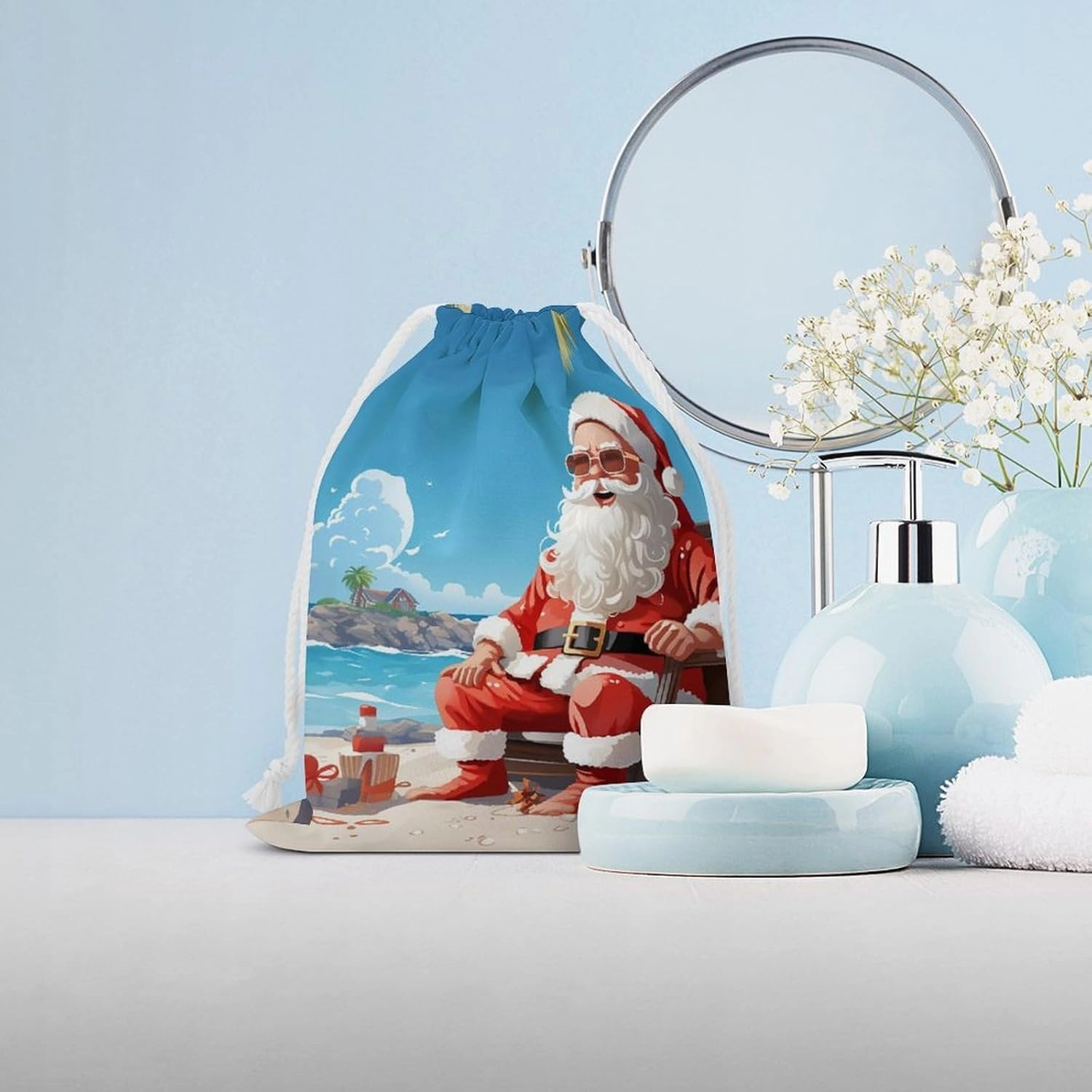 Drawstring Storage Bag Santa Claus At Beach Gym String Bag Durable Washable for Men Women