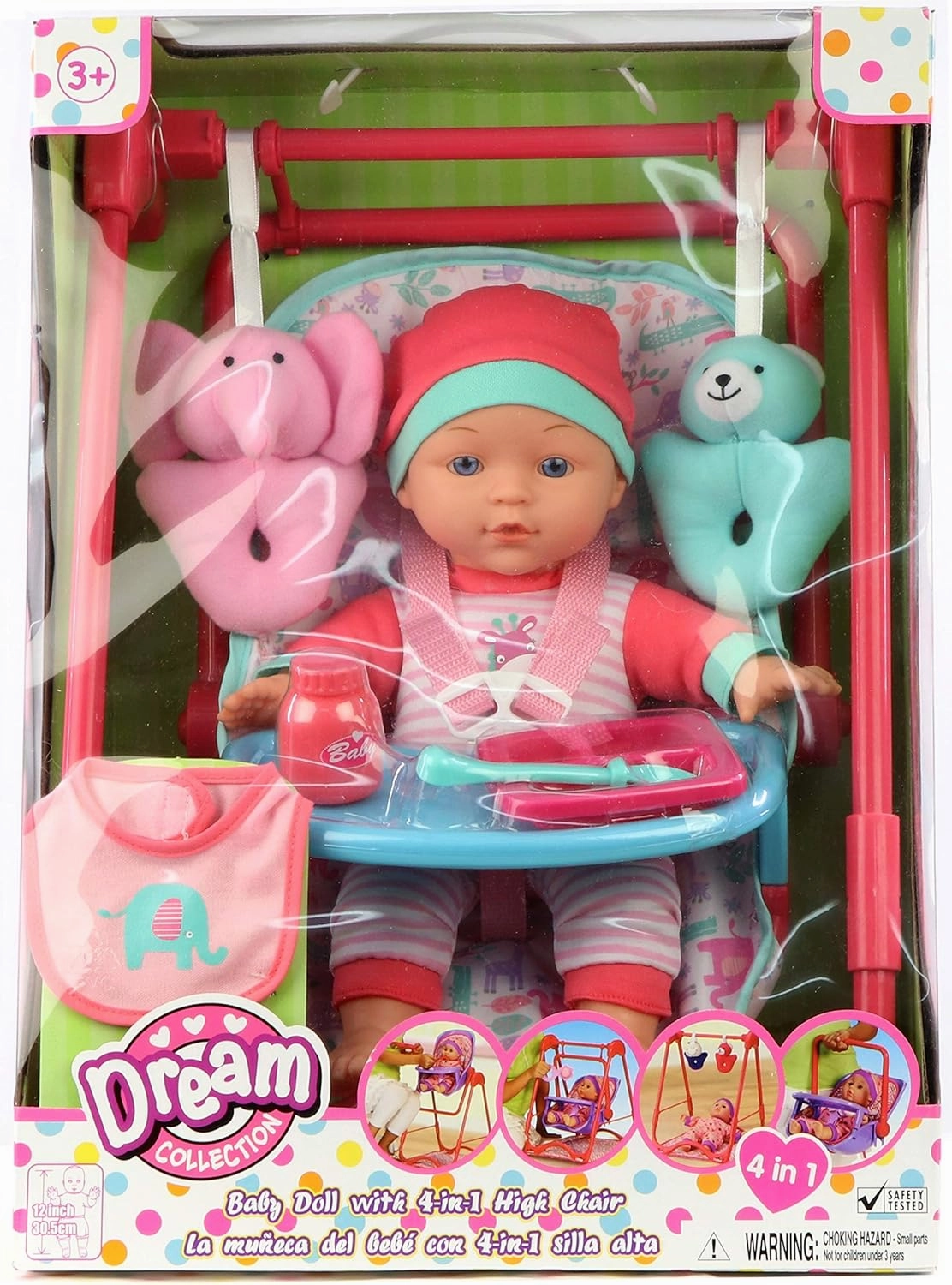 DREAM COLLECTION, Baby Doll 4-in-1 High Chair Play Set - Lifelike Baby Doll and Accessories for Realistic Pretend Play, Posable Soft Toy - 12”
