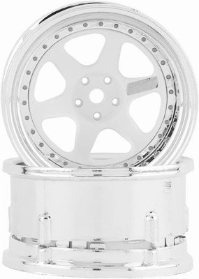 Drift Element 1/10 RC Drift Car Rims Wheels, Set of 2, 6-Spoke, Adjustable Offset, Compatible with Yokomo YD MD RD, MST RMX, Reve D RDX, Redcat RDS, HPI, Tamiya TT (White w/Chrome Lip)