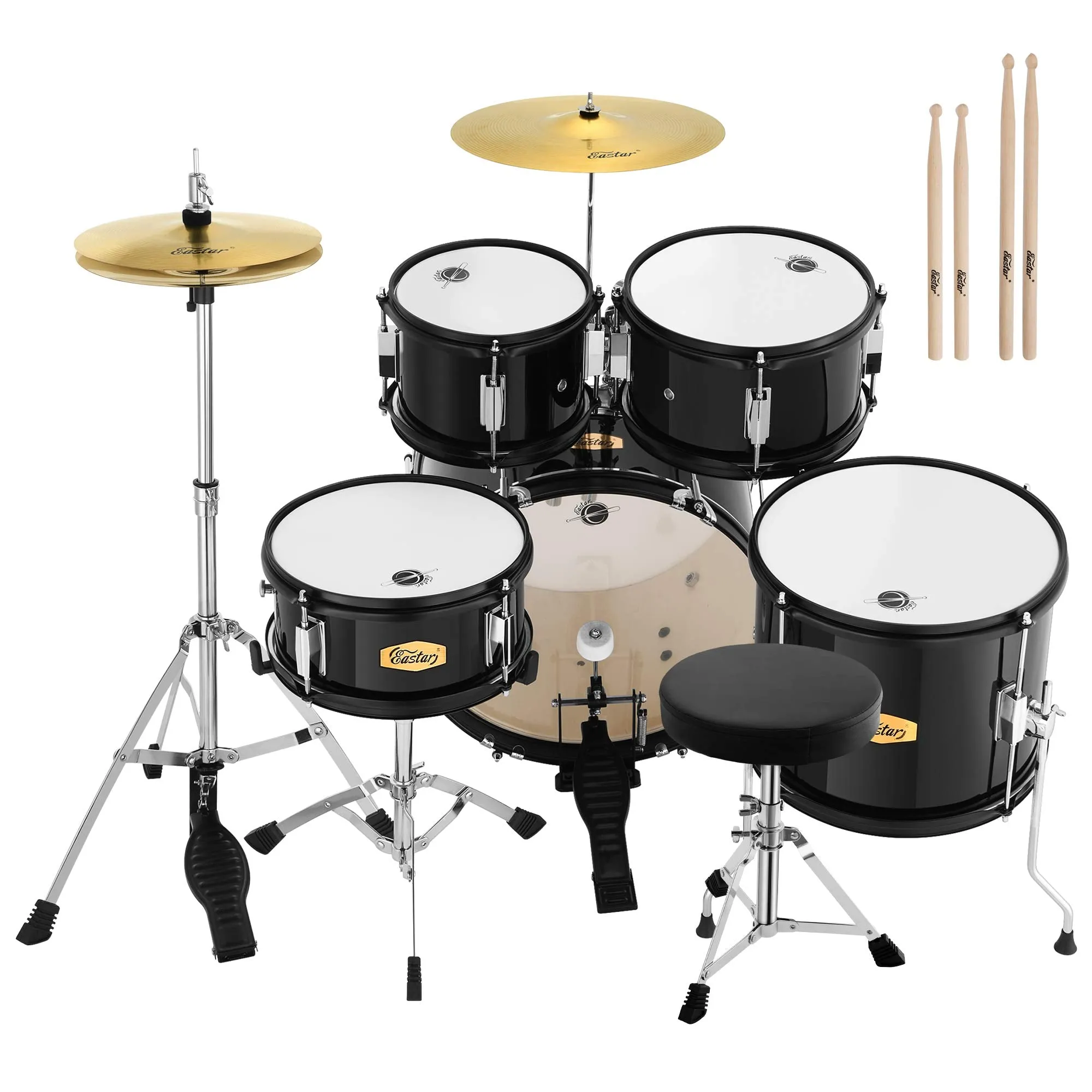 Drum Set Eastar 16 inch 5-Piece, Junior Drum Kit for Beginners Kids Teenagers with Adjustable Throne and Cymbal, Pedal &amp; Drumsticks, Metallic Black (EDS-350BK)