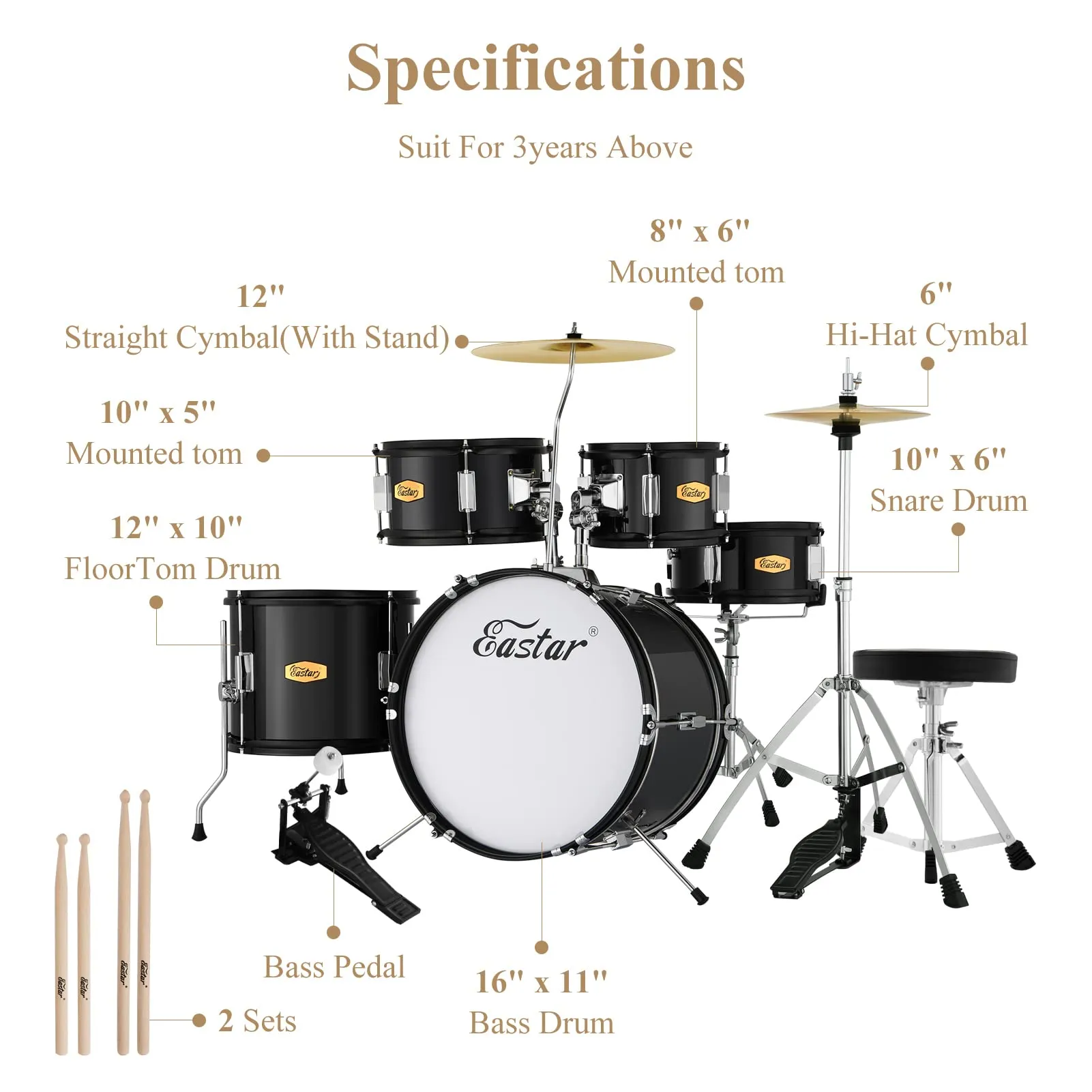 Drum Set Eastar 16 inch 5-Piece, Junior Drum Kit for Beginners Kids Teenagers with Adjustable Throne and Cymbal, Pedal &amp; Drumsticks, Metallic Black (EDS-350BK)