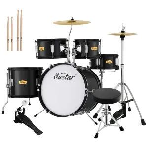 Drum Set Eastar 16 inch 5-Piece, Junior Drum Kit for Beginners Kids Teenagers with Adjustable Throne and Cymbal, Pedal &amp; Drumsticks, Metallic Black (EDS-350BK)