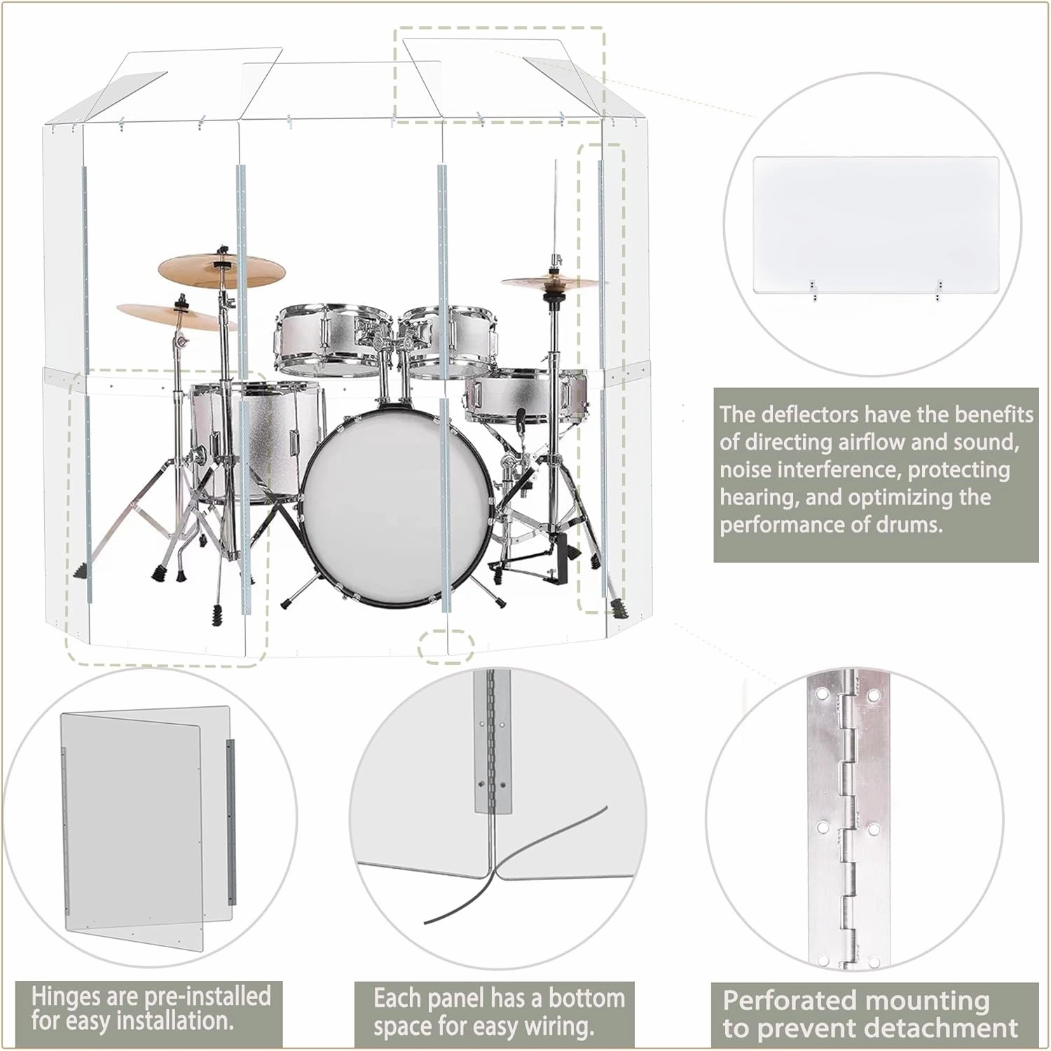 Drum Shield | Portable 5-Panel 2ft x5ft Acrylic Sound Barrier w/Deflectors | Converts to 2ftx6ft | Full-Length Stainless Steel Hinges | Drum Cage for Home, Church, Practice & Performances.