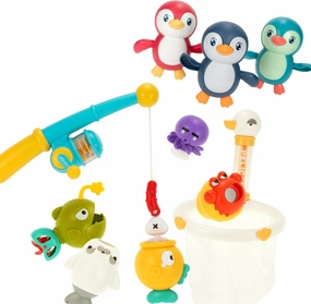 DUCKBOXX XX Bath Toys Bundle (11pcs): Backstroke Swimming Penguins (3pcs) & Fishing Game Set (8pcs) for Kids