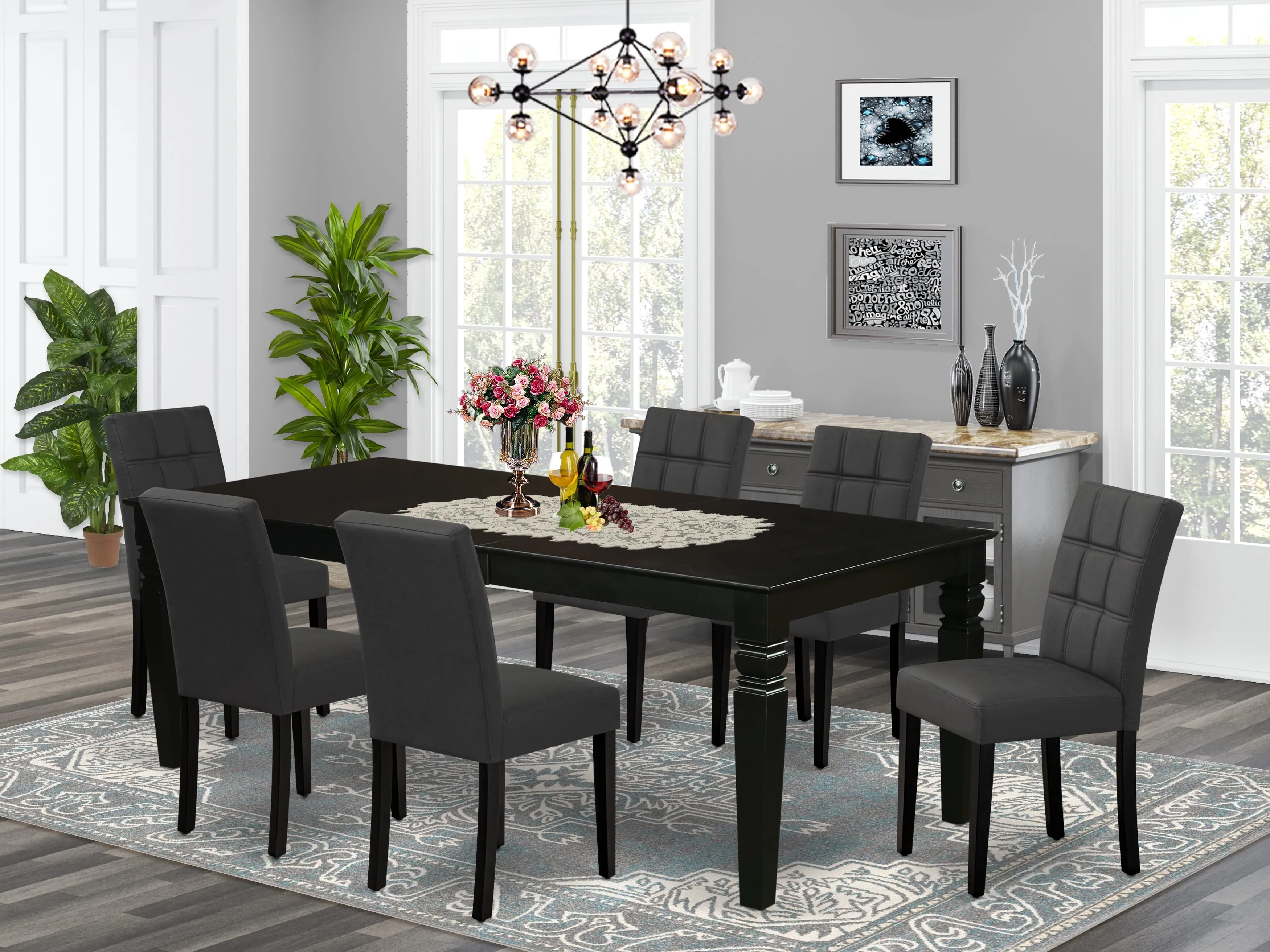 East West Furniture LGAS7-BLK-12 7 Piece Dinner Table Set contain A Dining Table and 6 Dark Gray Faux Leather Person Chairs with Stylish Back- Black Finish