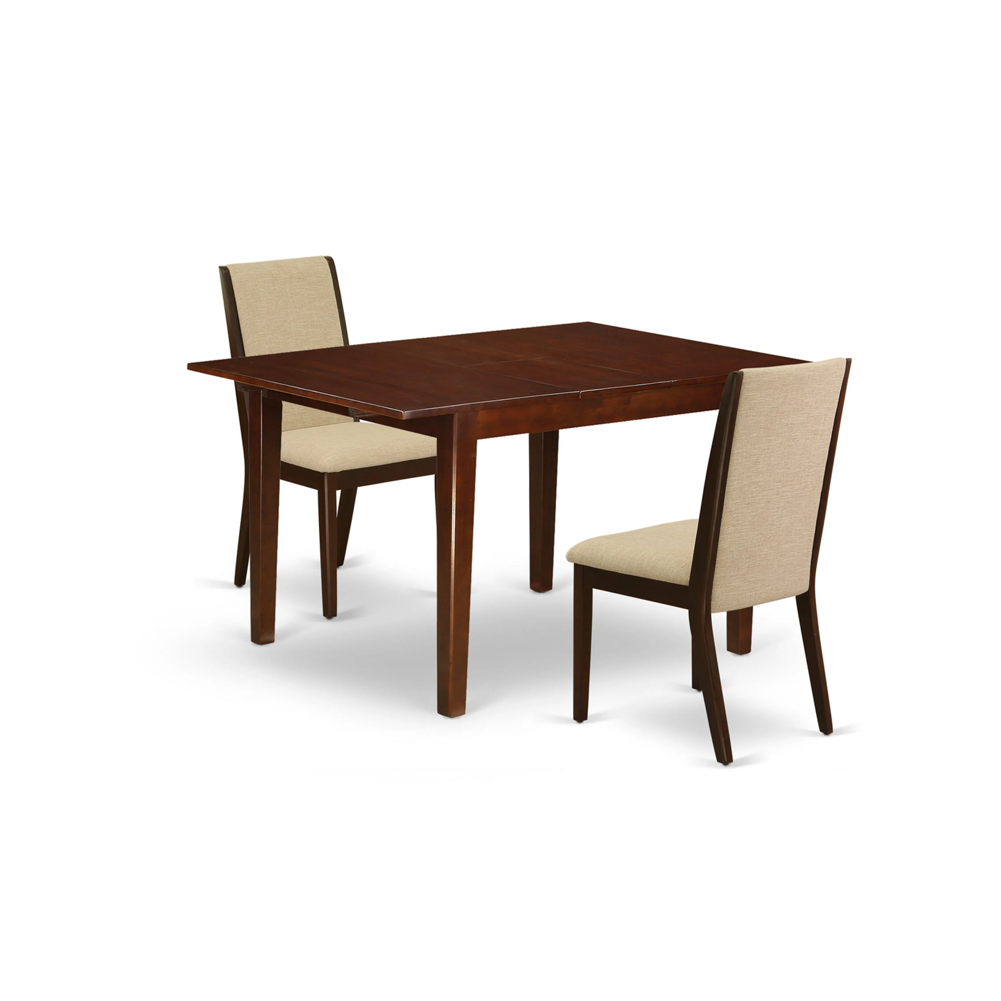 East West Furniture MLLA3-MAH-04 3 Piece Dining Set Contains a Rectangle Dining Room Table with Butterfly Leaf and 2 Light Tan Linen Fabric Upholstered Chairs, 36x54 Inch, Mahogany