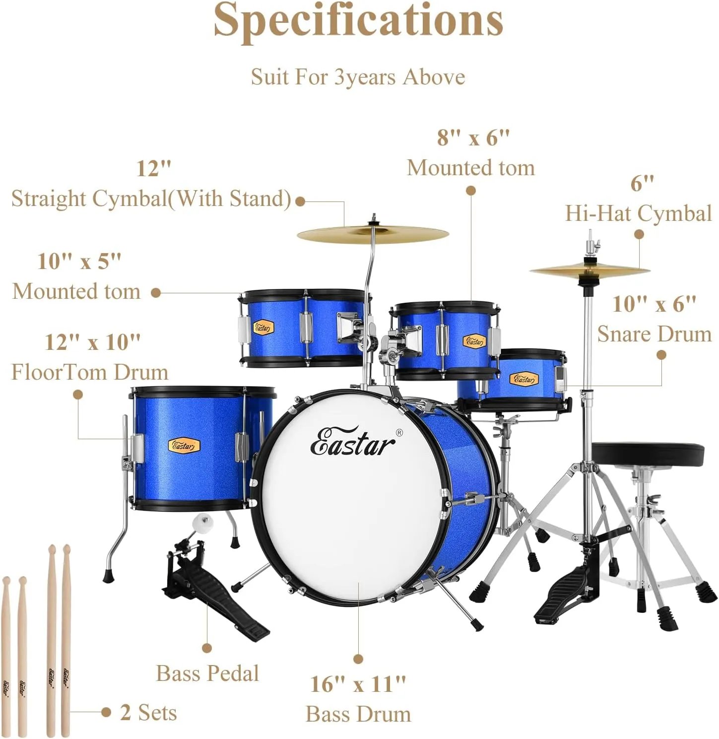 Eastar Drum Set for Kids - 16 inch 5-Piece Drum Kit for Beginners with Adjustable Throne and Cymbal, Pedal & Drumsticks, Metallic Blue (EDS-350MBE)