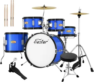 Eastar Drum Set for Kids - 16 inch 5-Piece Drum Kit for Beginners with Adjustable Throne and Cymbal, Pedal & Drumsticks, Metallic Blue (EDS-350MBE)