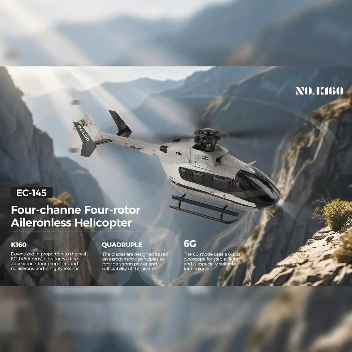 EC-145 RC Helicopter for Adults, K160 160-Class 2.4G 4CH 4-Propeller Flybarless Scale Remote Control Helicopter Model with Adjustable Left/Right-Hand Throttle for Beginners (RTF Version)