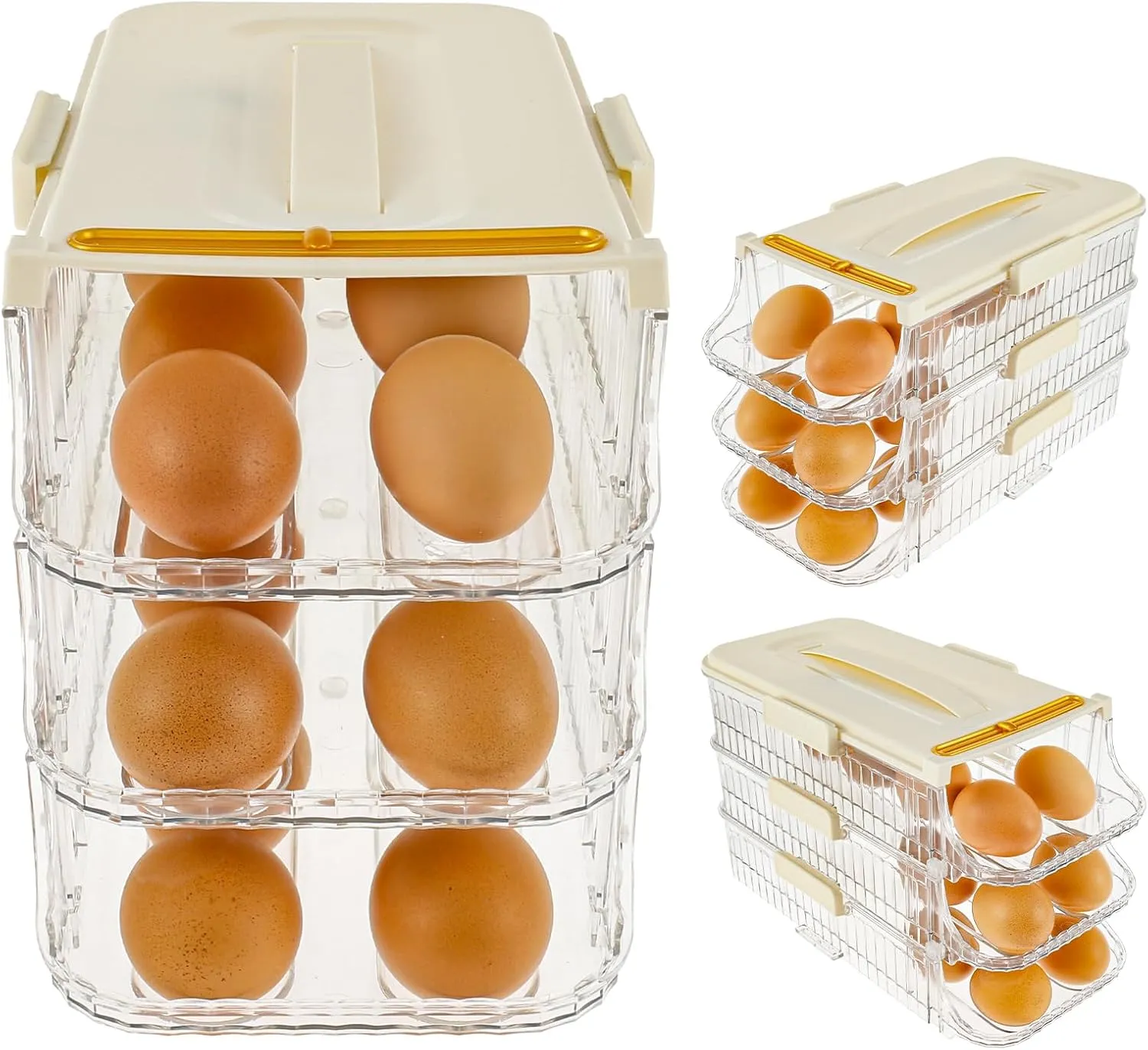 Egg Holder for Refrigerator Auto Rolling Egg Organizer with Lid 3 Layer Rolling Egg Container Space Saving Egg Roller Dispenser Stackable Fridge Egg Tray Egg Dispenser Holder Holds Up 48 Eggs