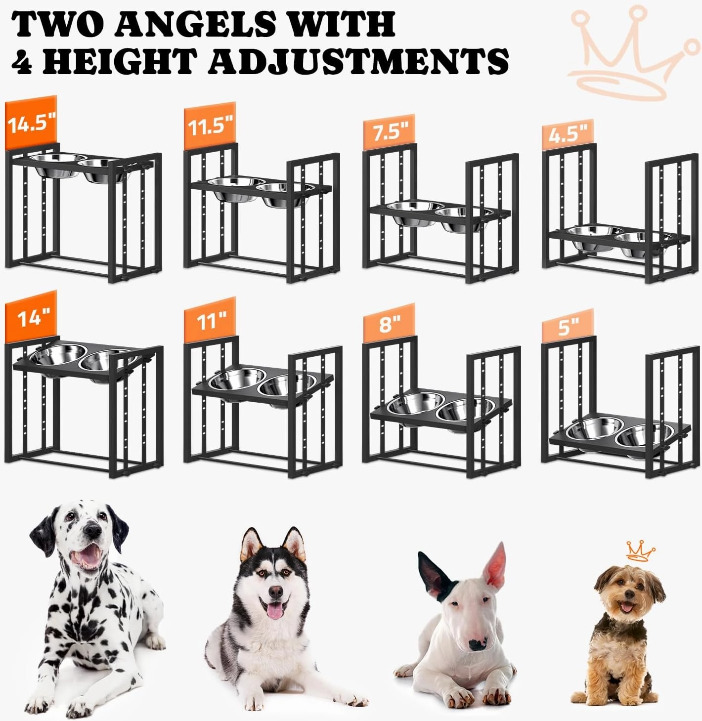 Elevated Metal Dog Bowls for Medium Breed: 4 Height-Adjustable Raised Dog Bowl Feeder Station with 2 Stainless Steel Bowls, Black