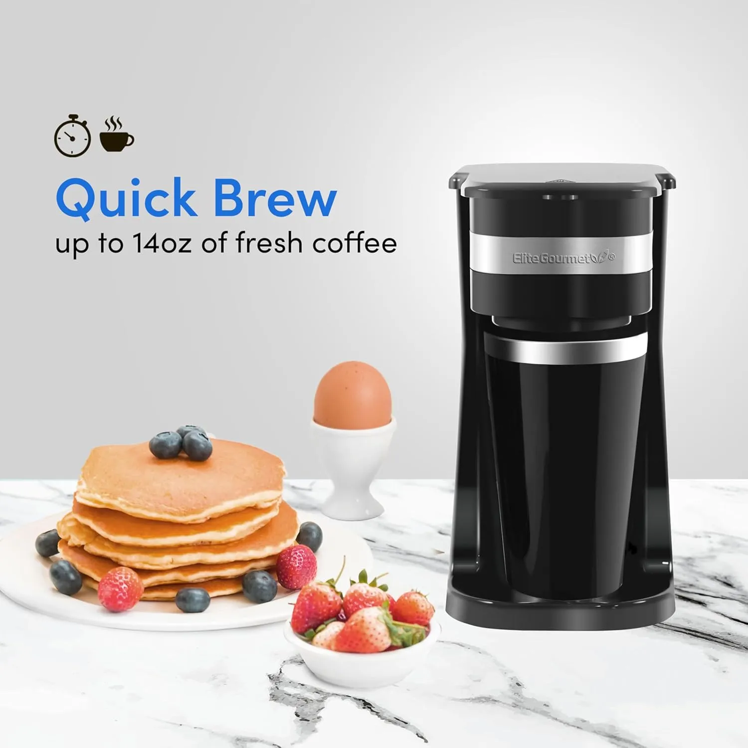 Elite Gourmet EHC111A Personal Single-Serve Compact Coffee Maker Brewer Includes 14Oz. Stainless Steel Interior Thermal Travel Mug, Compatible with Coffee Grounds, Reusable Filter, Black