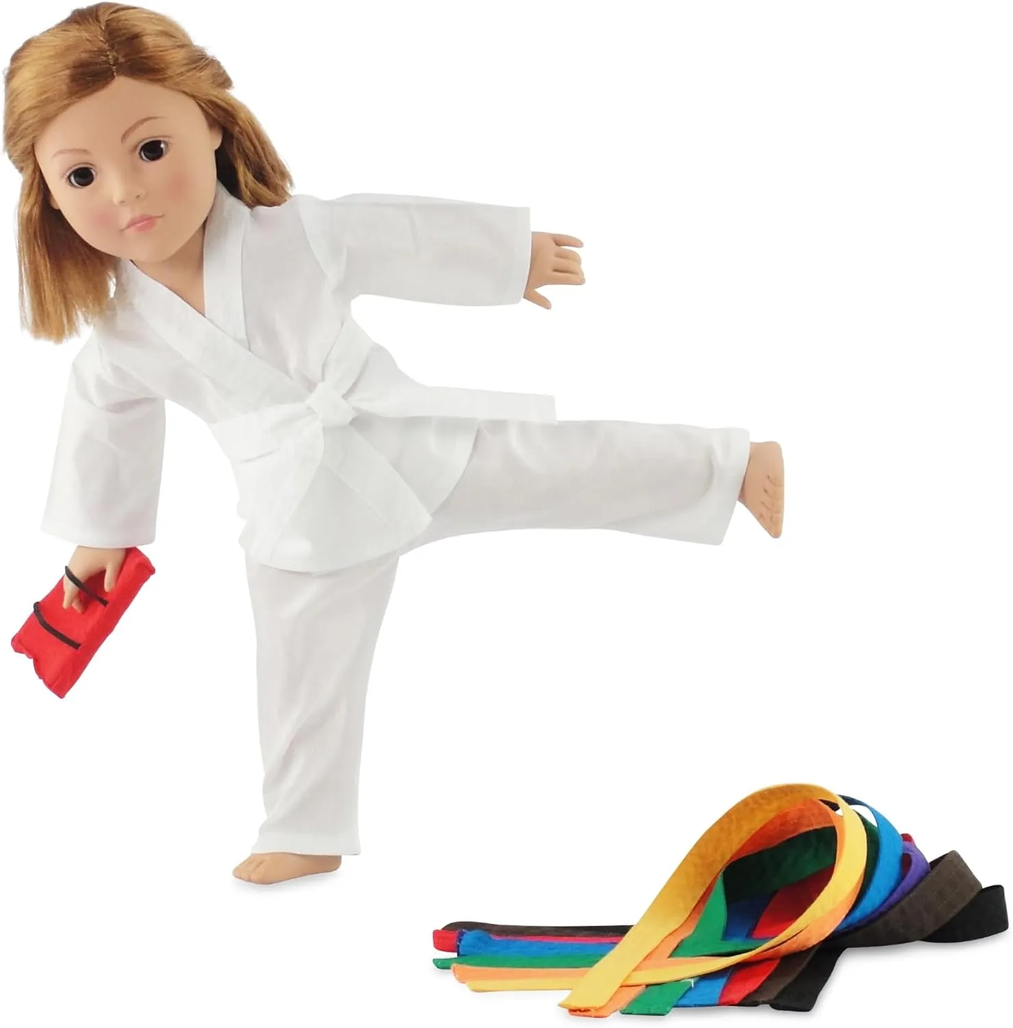 Emily Rose 18 Inch Doll Clothes 12-PC Karate Outfit & Accessories Taekwondo Martial Arts Toy Gift Set with 9 Color Accessory Belts & Kickpad | Doll NOT Included | Gift Boxed | USA Business