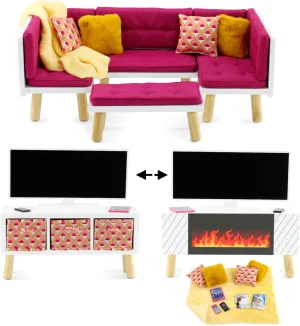 Emily Rose18-inch Doll Living Family Room Sofa Chair Bed Couch Wooden Furniture Set - Includes TV, Fireplace, Storage Bins and Fun Accessories! | for 14"-19" Dolls - Toy Gift Set for 3  Little Girls