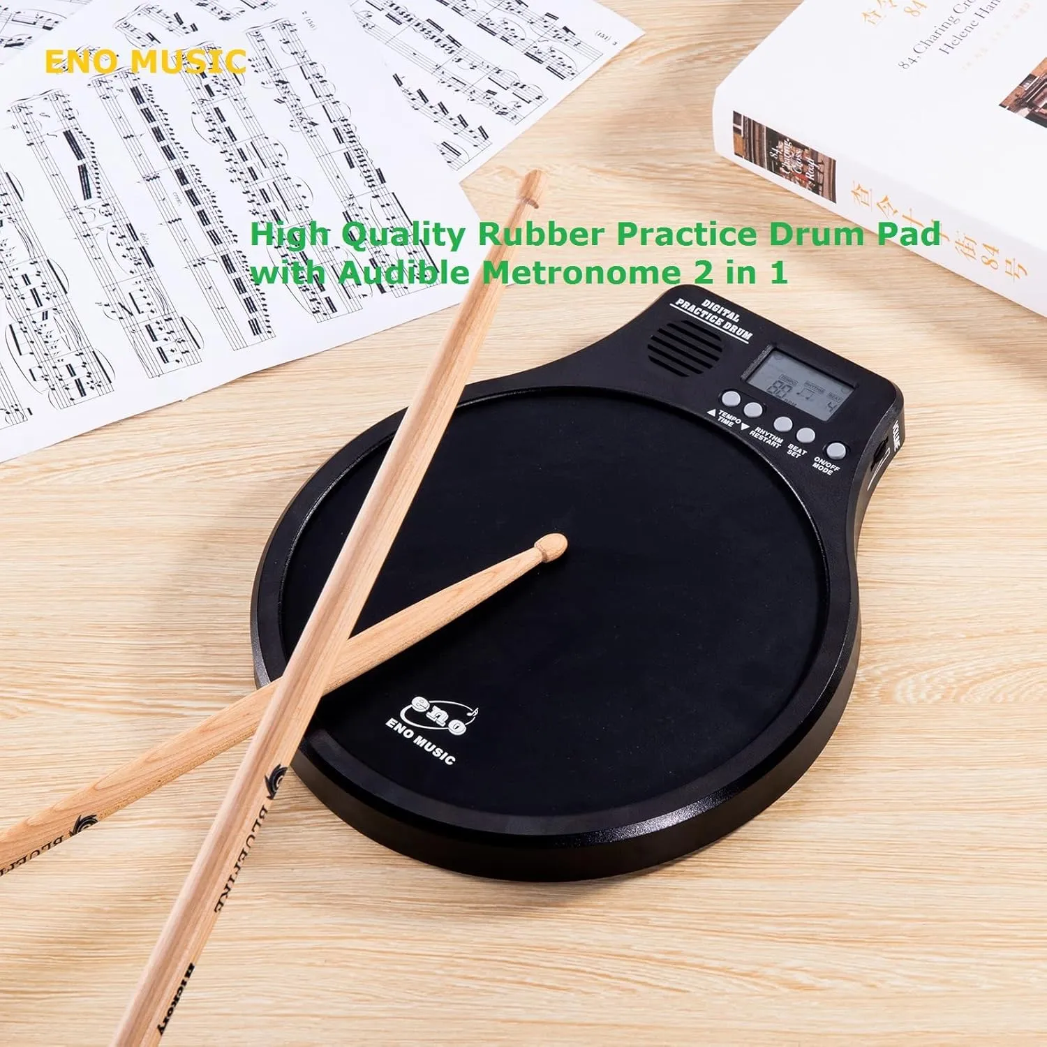 ENO MUSIC Percussion Drum Practice Devices and Built-in Electronic Metronome 2 in 1 Electronic Musical Instruments Practice Pad for Kids Beginners and Professional Drum Players Black