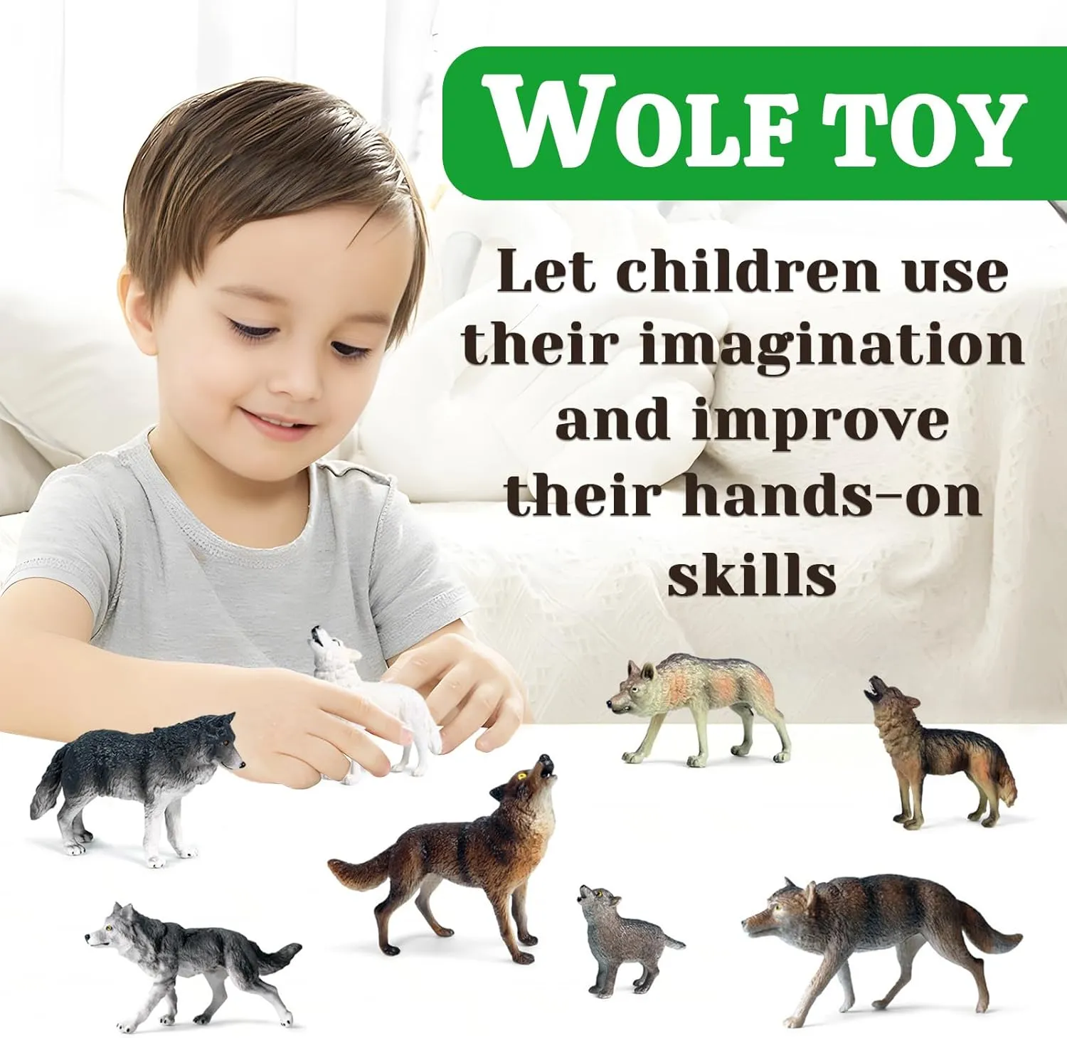 EOIVSH 8Pcs Wolf Figures - Forest Animal Wolf Toy Figurines - Plastic Jungle Woodland Animal Figurines for Kids 3-5 6-12