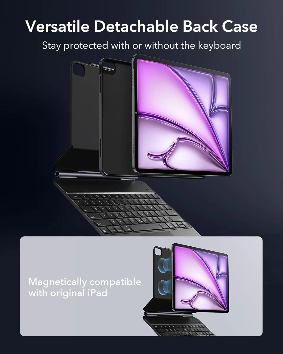 ESR iPad Air 13 Inch Case Keyboard (M3/M2, 2025/2024), Easy-Set Magnetic Stand, Portrait/Landscape Mode, Removable Case with Multi-Touch Trackpad, Rebound 360 Series, Black