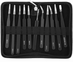 Eujgoov Tweezers Set Stainless Steel Stright and Curved Pointed Tip Maintenance Tweezers with Storage Bag(11Pcs/Set Tweezers)