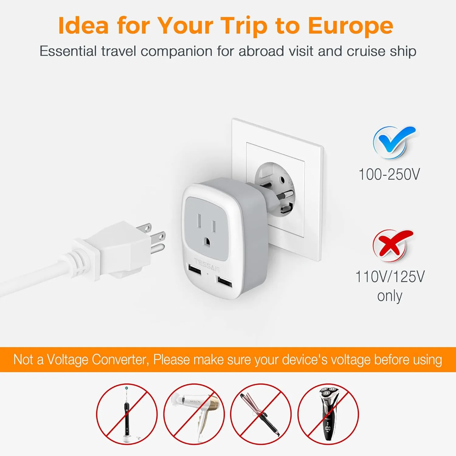 European Travel Plug Adapter 3 Pack, TESSAN International Power Adaptor 2 USB, Type C Outlet Charger USA to Most of Europe EU Spain Iceland Italy Germany France Israel