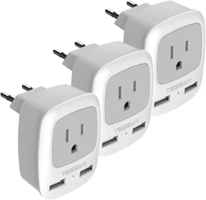 European Travel Plug Adapter 3 Pack, TESSAN International Power Adaptor 2 USB, Type C Outlet Charger USA to Most of Europe EU Spain Iceland Italy Germany France Israel