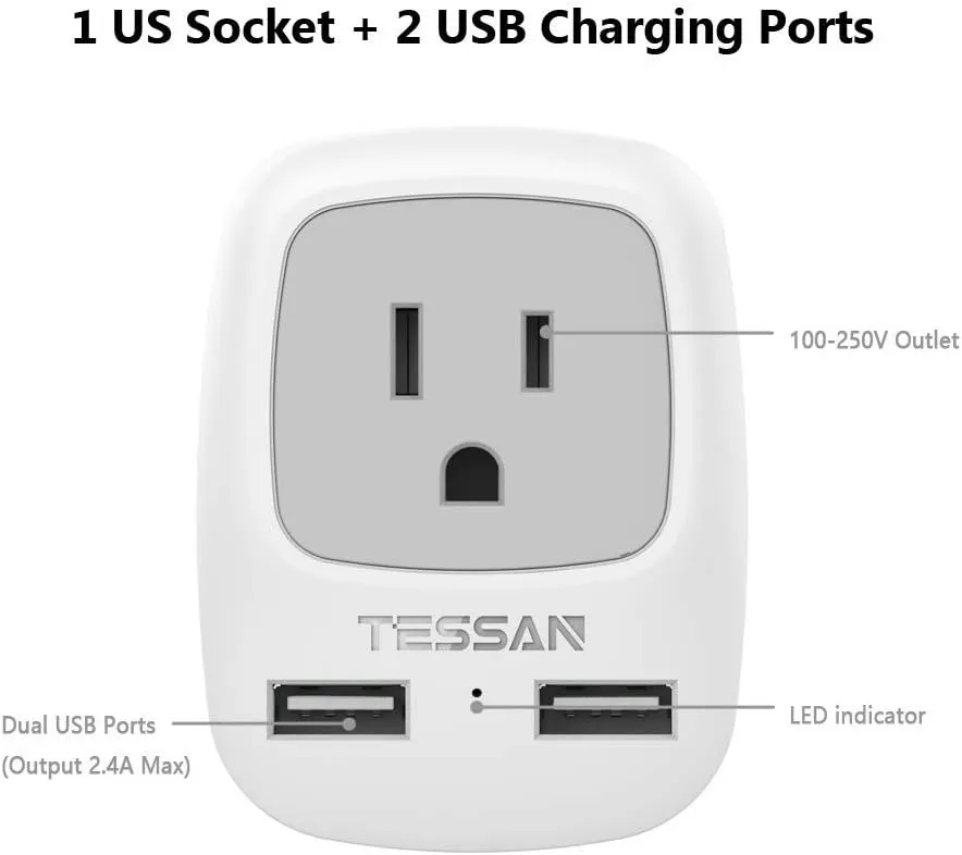 European Travel Plug Adapter 3 Pack, TESSAN International Power Adaptor 2 USB, Type C Outlet Charger USA to Most of Europe EU Spain Iceland Italy Germany France Israel